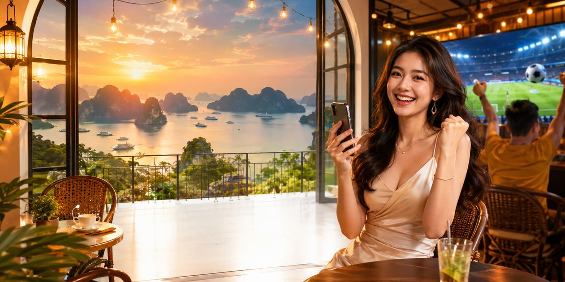 Nhóm người chơi bài tại vịnh Hạ Long thư giãn và kiểm tra tài khoản mbf30 trên điện thoại