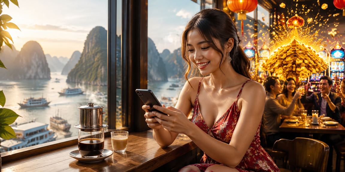 Người dùng tại Hạ Long thực hiện giao dịch tài chính trên điện thoại di động khi uống cà phê